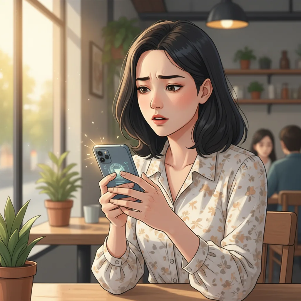 Cô gái trẻ nhìn điện thoại với vẻ băn khoăn về quyền riêng tư